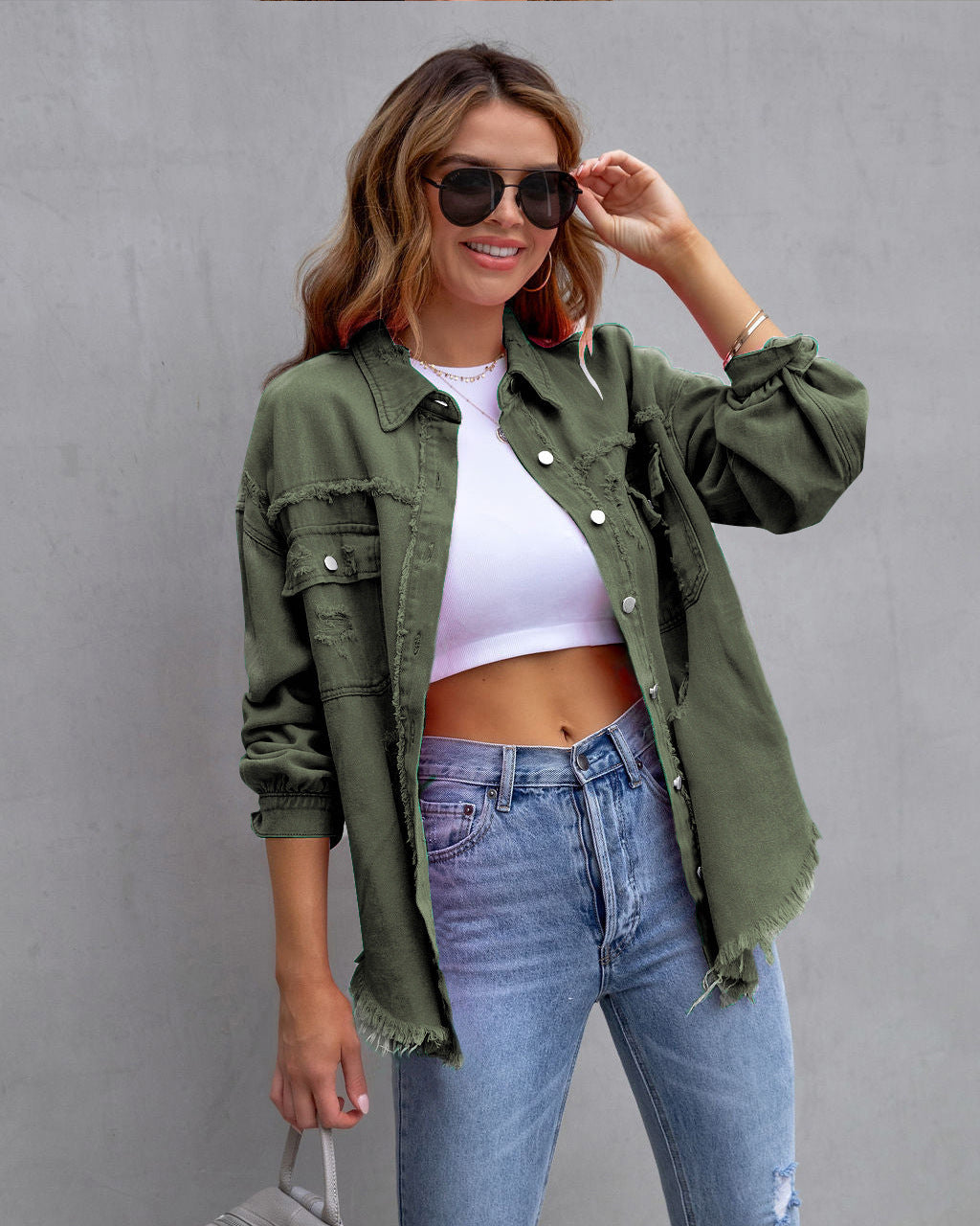 Fashion Ripped Shirt Jacket Female Autumn And Spring Casual Tops