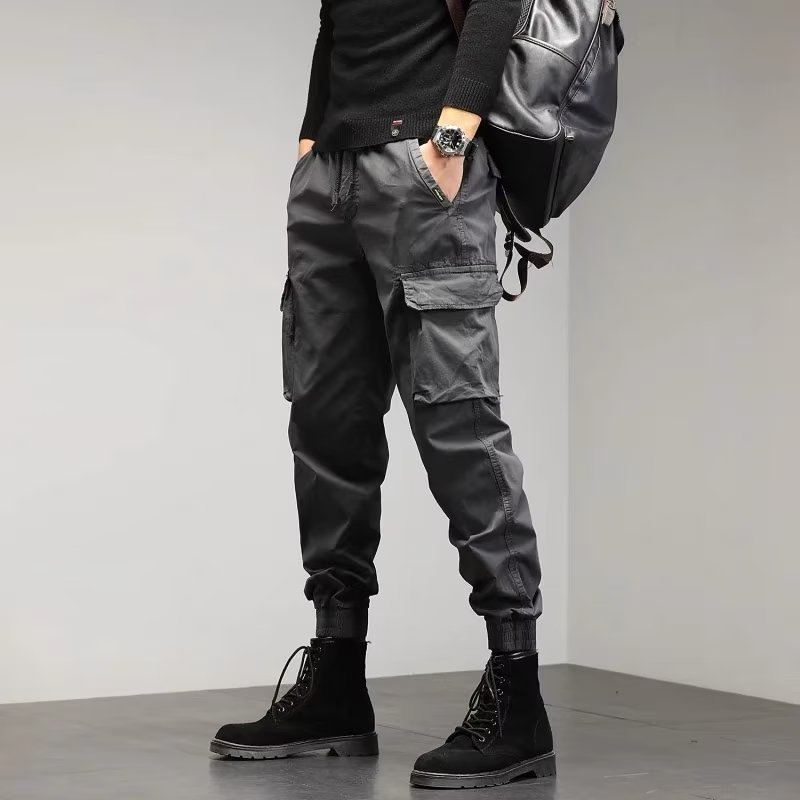 Men's Loose-Fit Cropped Tooling Trousers with Ankle Bands and Multiple Pockets - Spring/Autumn