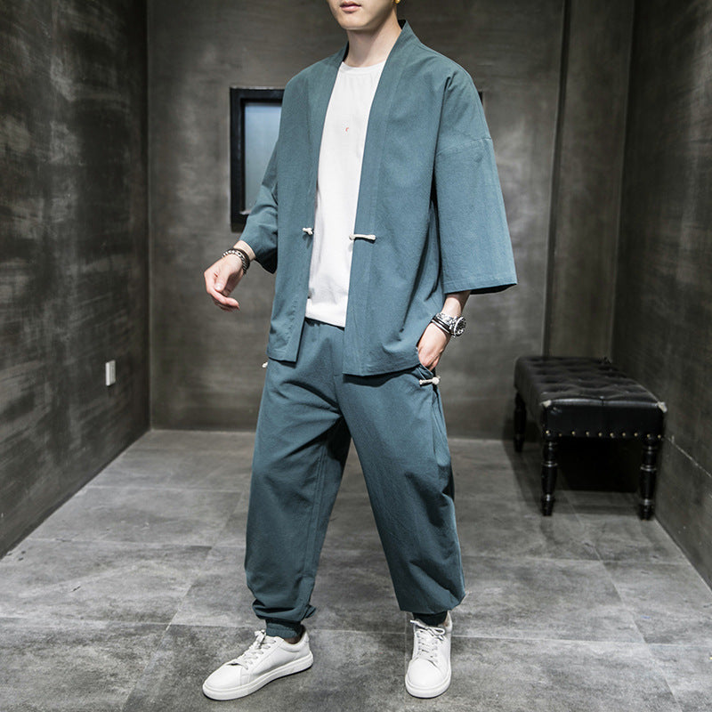 Men's Chinese Style Linen Suit - Three-Quarter Sleeve Hanfu Robe