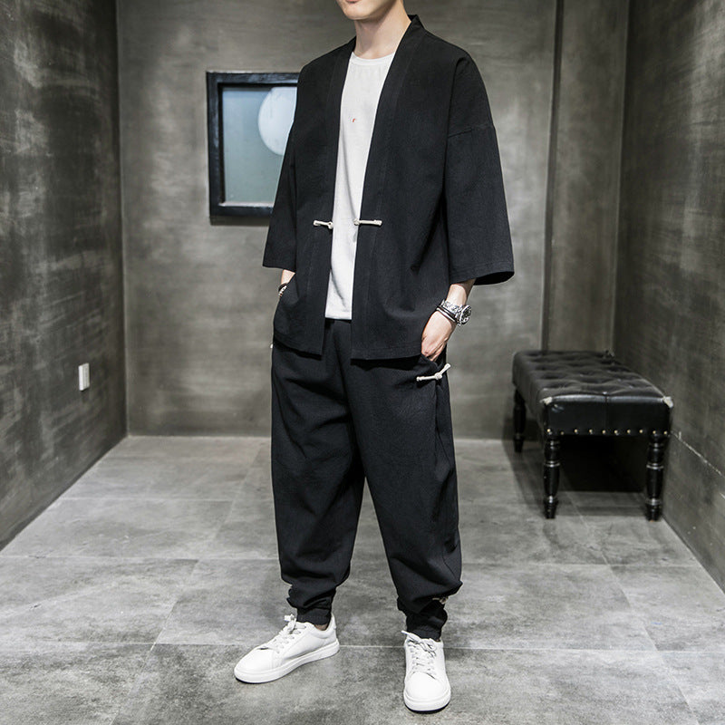 Men's Chinese Style Linen Suit - Three-Quarter Sleeve Hanfu Robe