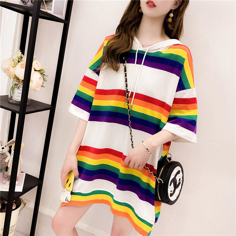 Harajuku Rainbow Stripe Hoodie Women