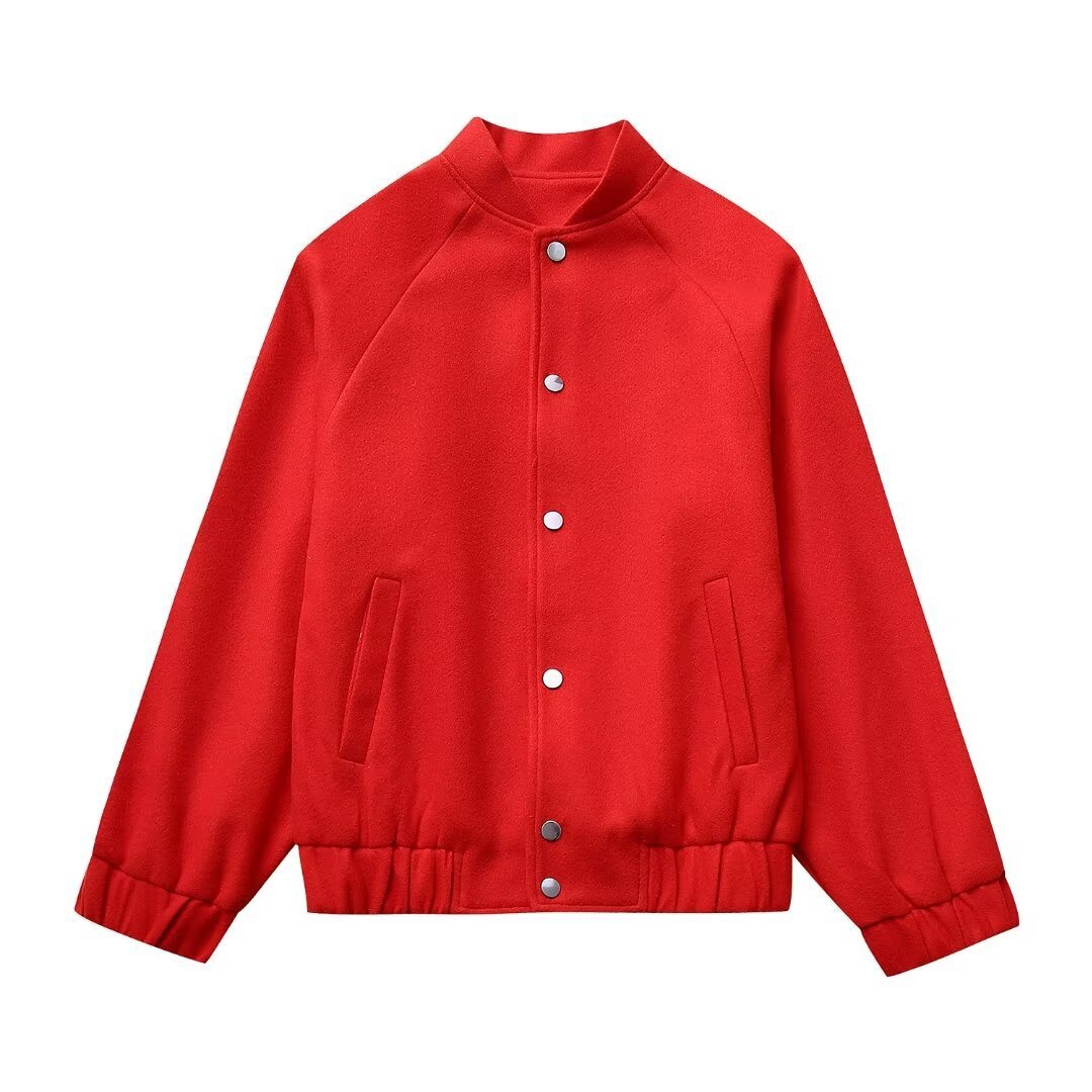 Fashionable Casual Red Woolen Baseball Jacket with Stand-up Collar