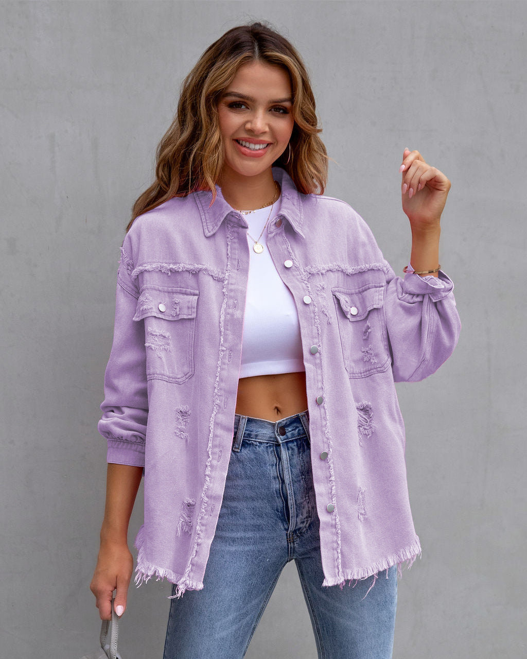 Fashion Ripped Shirt Jacket Female Autumn And Spring Casual Tops