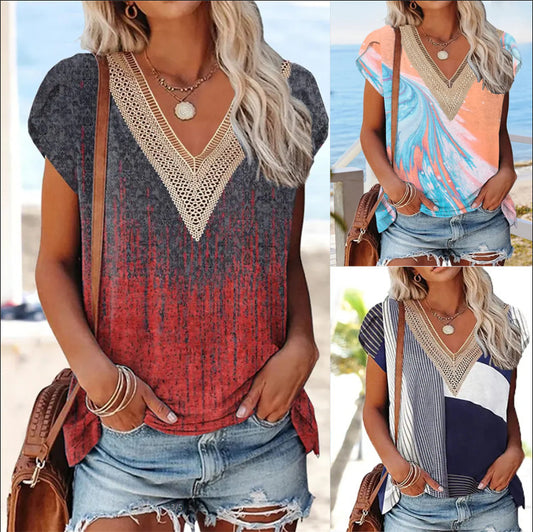 Summer V-Neck Printed Casual T-Shirt Top with Lace Edge