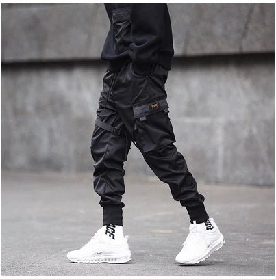 Men's Black Hip Hop Cargo Joggers with Elastic Waist and Pockets