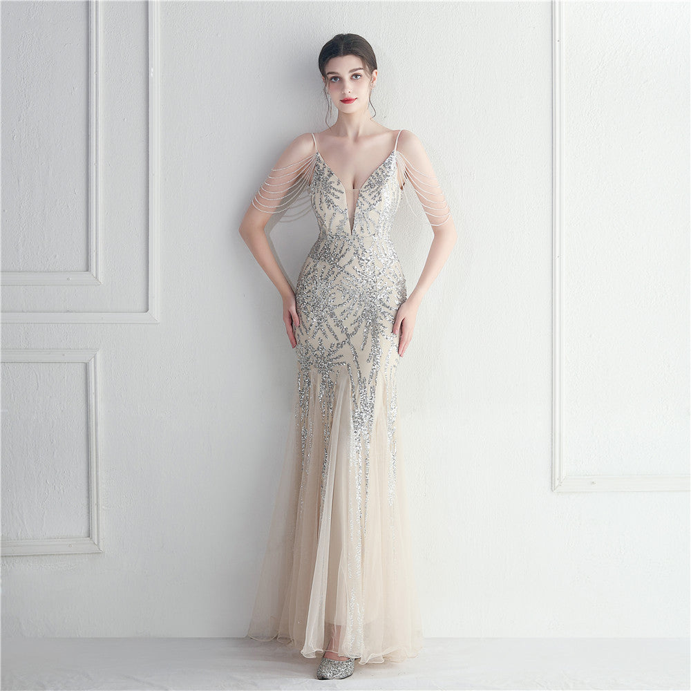 Mesh Beaded Bridal Camisole Evening Gown