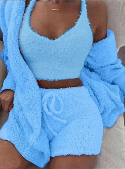 3pcs Women Long Sleeve Crop Tank Top And Drawstring Shorts Pajama Set