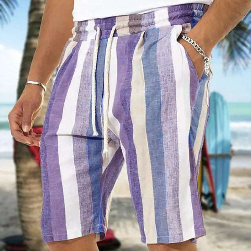 Men's striped 3D Print Beach Shorts with Drawstring