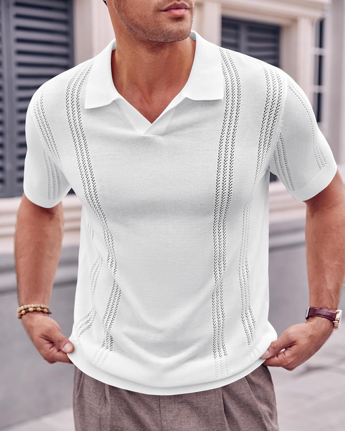 Men's Knitted Polo Shirt Short Sleeve V-neck Hollow