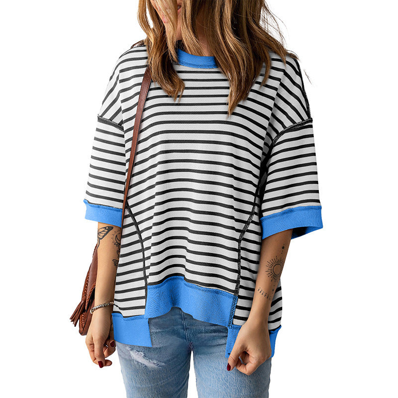 Women's Striped Color-Blocked Short-Sleeved T-Shirt