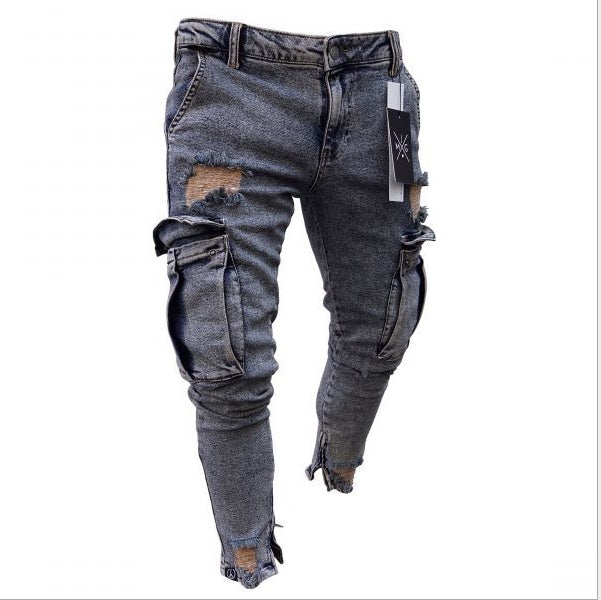 Men's Distressed Cargo Denim Jeans
