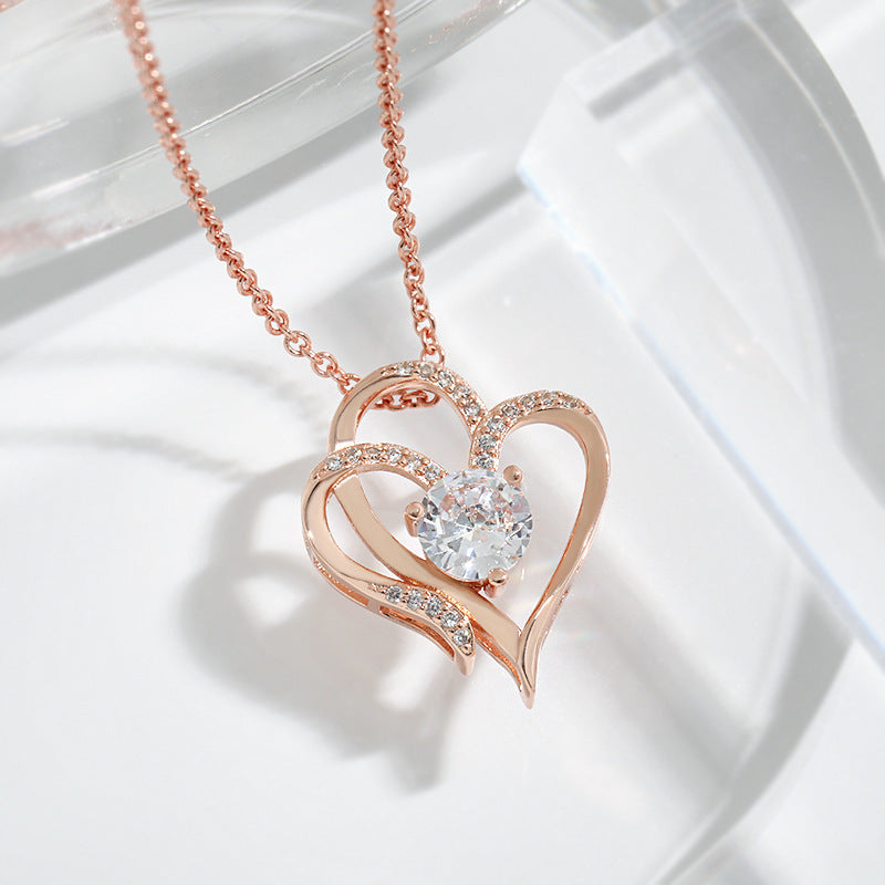 Zircon Double Love Necklace With Rhinestones Ins Personalized Heart-shaped