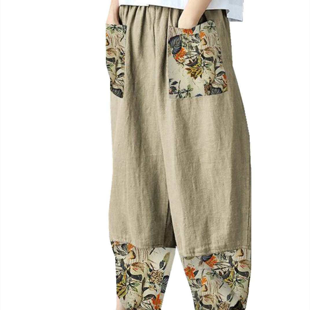 Women's Fashionable Loose-Fit Cotton Linen Cropped Pants with Elastic Waist