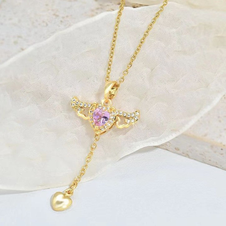 Moving Cupid Heart Angel Wings Tassel Necklace With Crystal Clavicle Chain