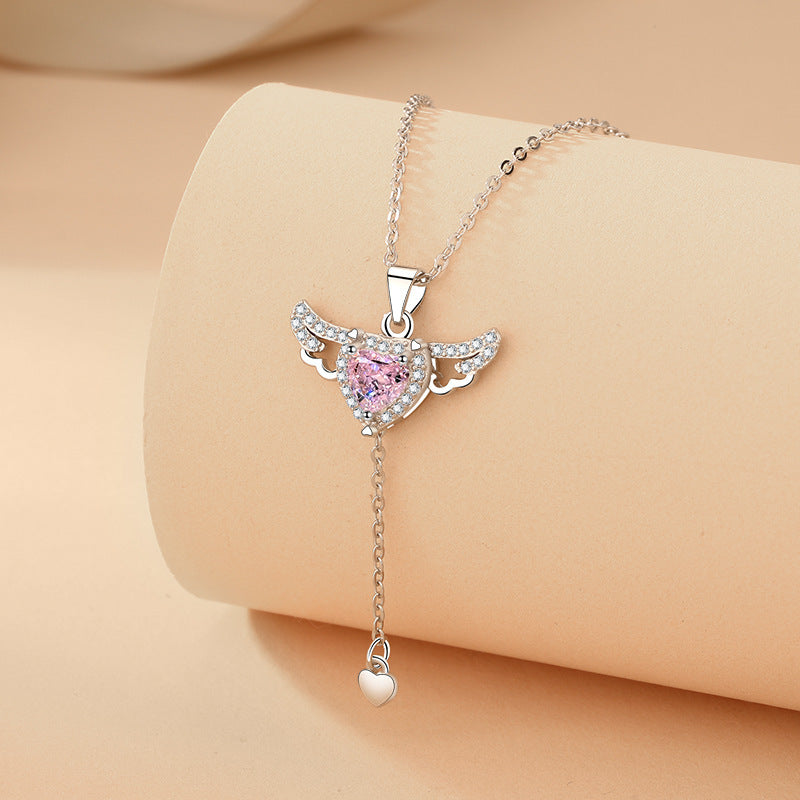 Moving Cupid Heart Angel Wings Tassel Necklace With Crystal Clavicle Chain