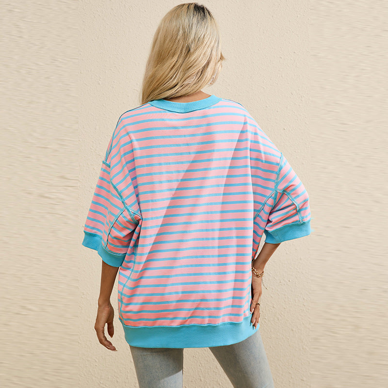 Women's Striped Color-Blocked Short-Sleeved T-Shirt