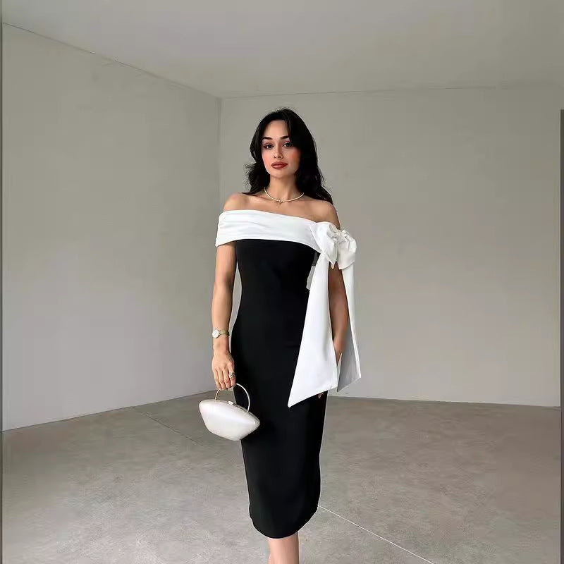 Elegant Off-Shoulder Black and White Bow Cocktail Dress