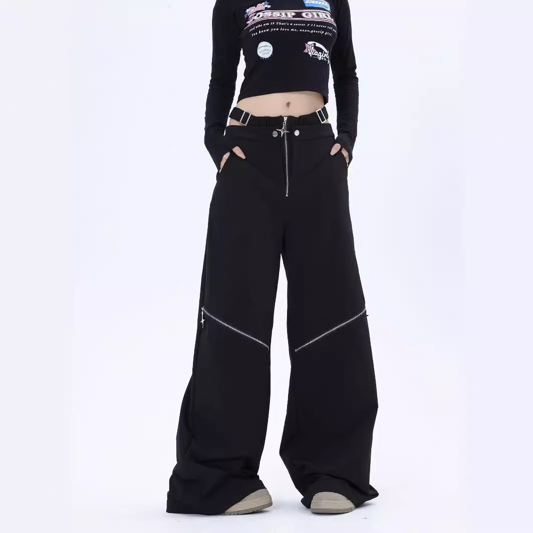 Y2K Harajuku Style Black Cargo Pants for Women - High Street Zipper Design