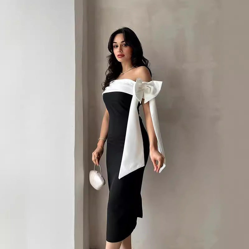Elegant Off-Shoulder Black and White Bow Cocktail Dress