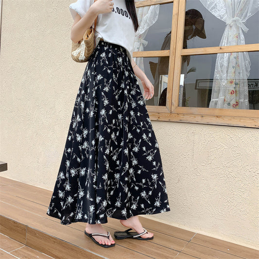 Floral Chiffon Umbrella Skirt with Tight Waist and Large Swing Hem