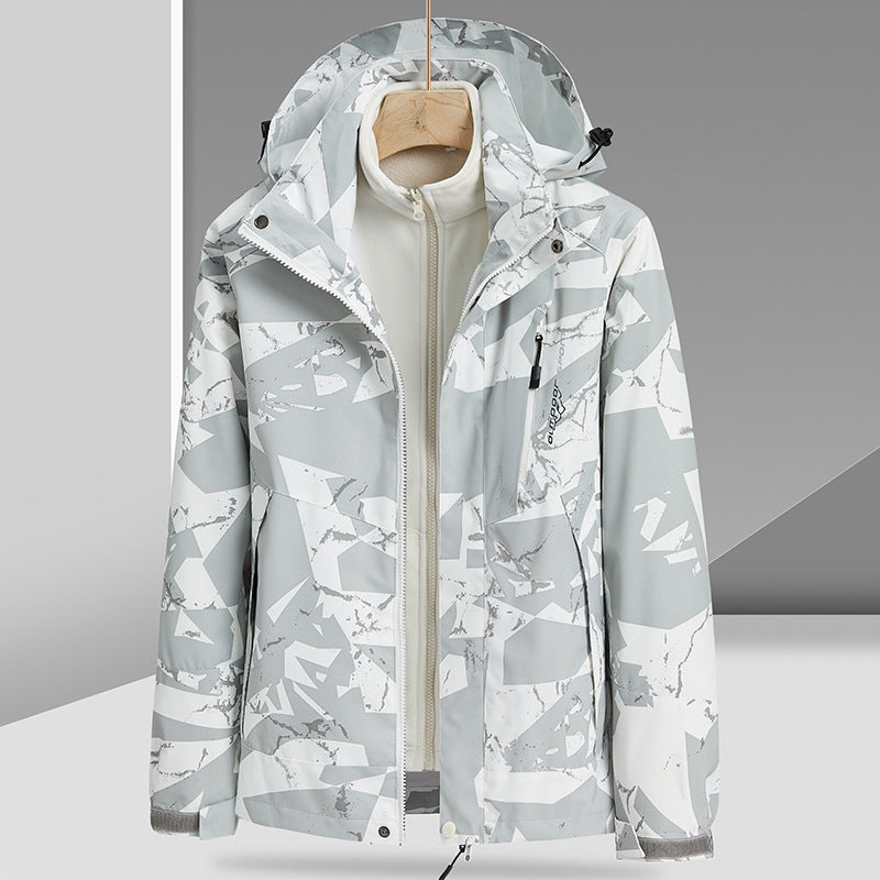 Three-in-One Camouflage Mountaineering Coat with Removable Mink Fur Liner for Autumn and Winter