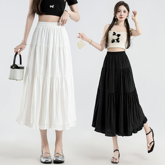 Fashionable Mid-Length Lace Stitching Umbrella Skirt with Elastic Waist