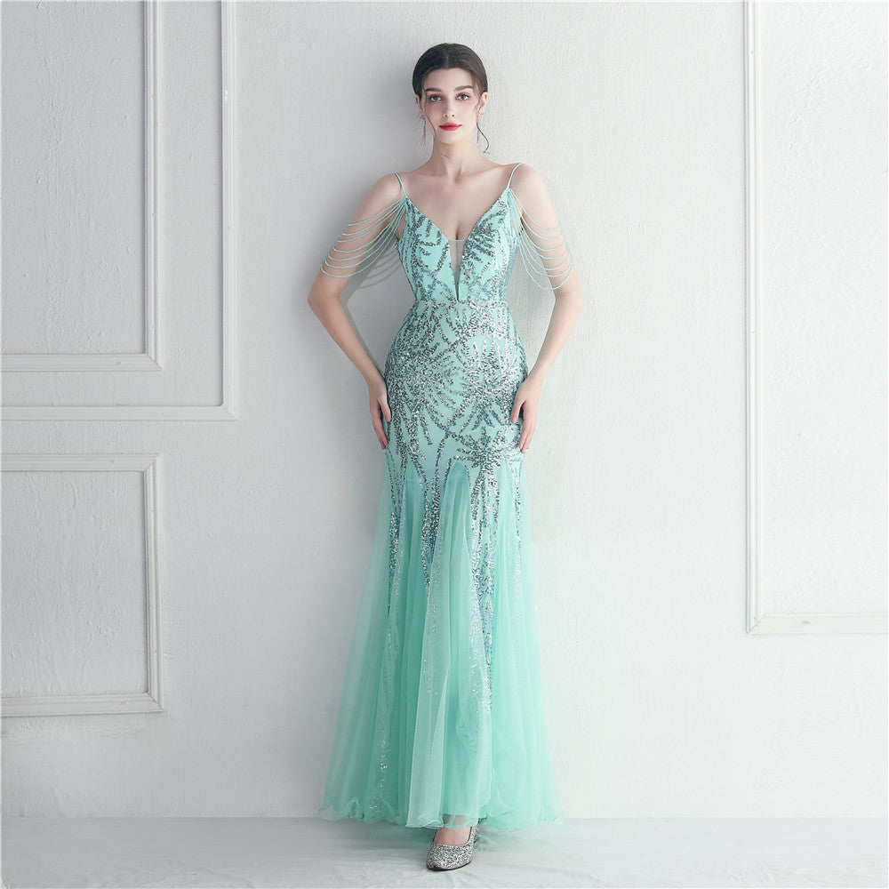 Mesh Beaded Bridal Camisole Evening Gown