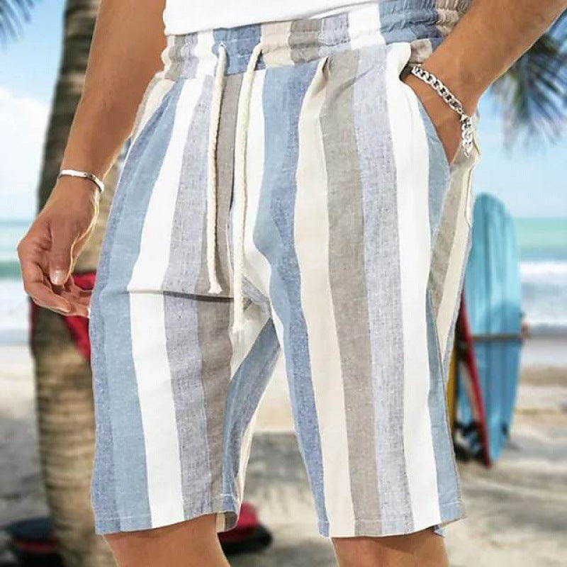 Men's striped 3D Print Beach Shorts with Drawstring