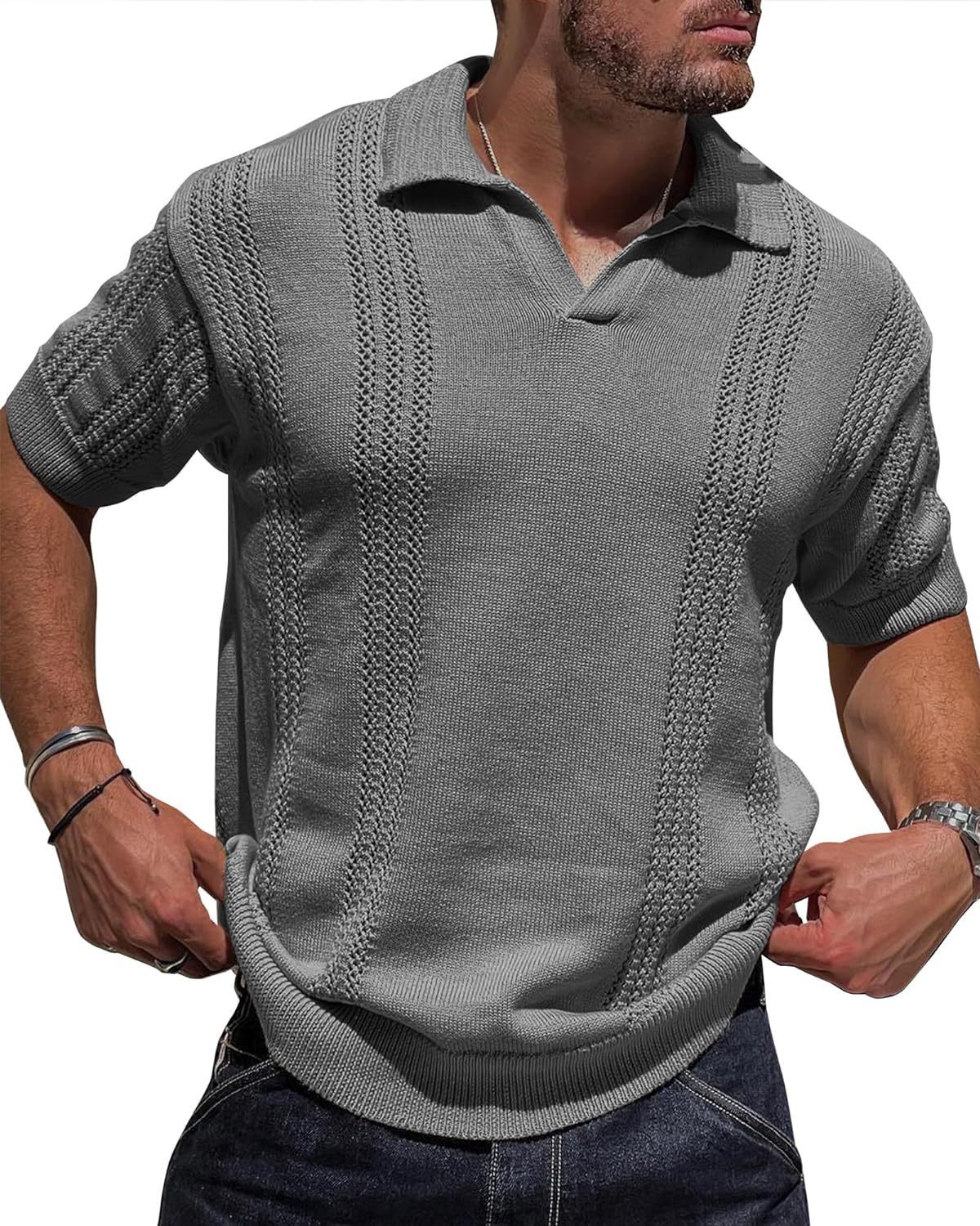 Men's Knitted Polo Shirt Short Sleeve V-neck Hollow