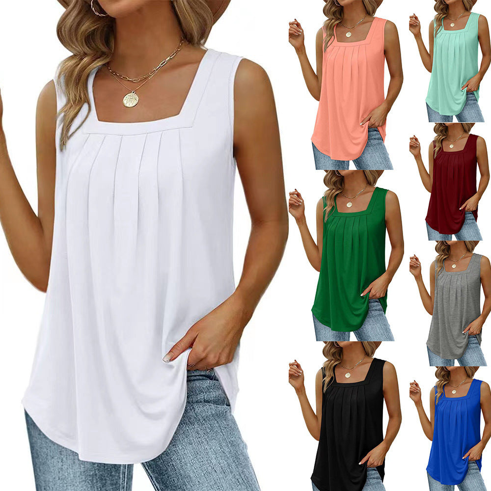 Women Loose Fit Pleated Square Neck Sleeveless Top