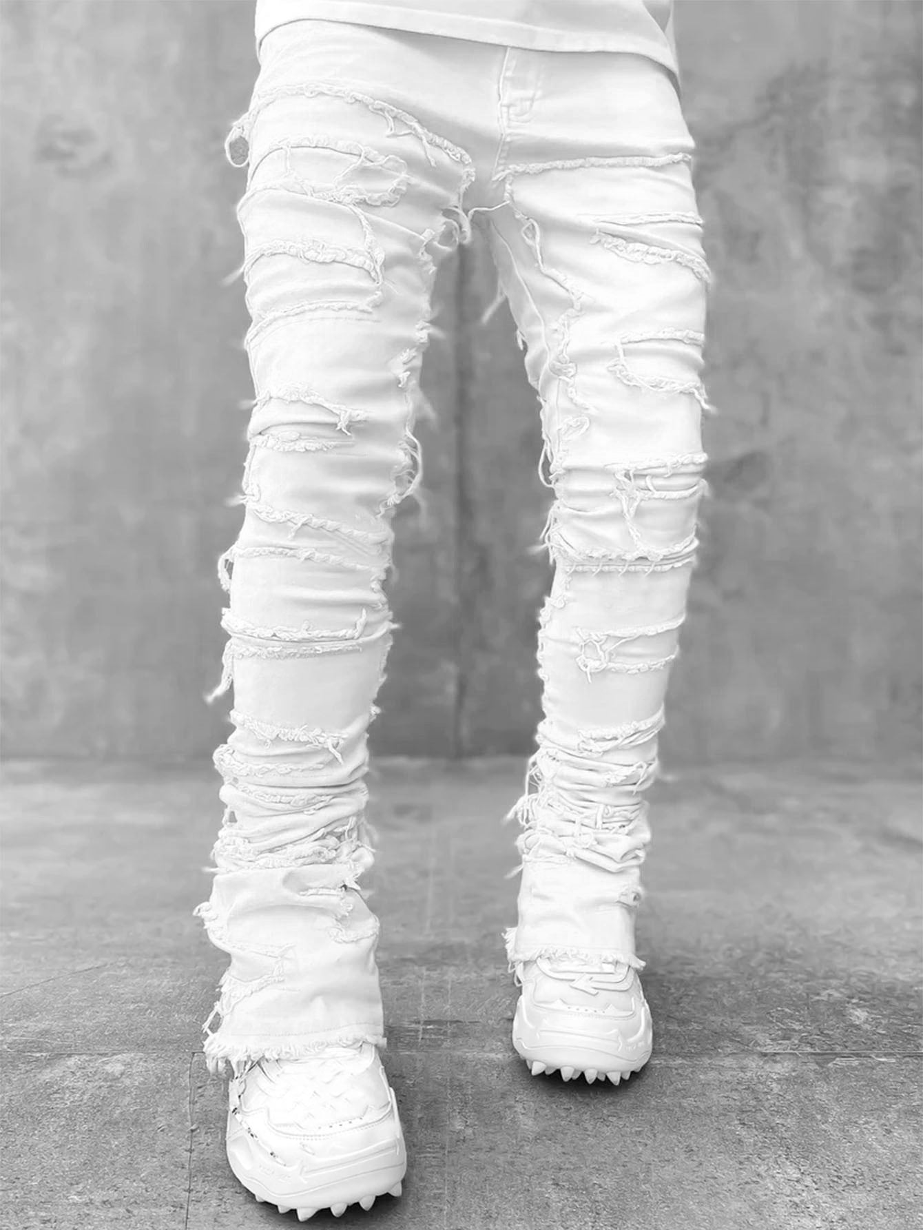 Men Individual Patched Long Tight Fit Stacked Jeans