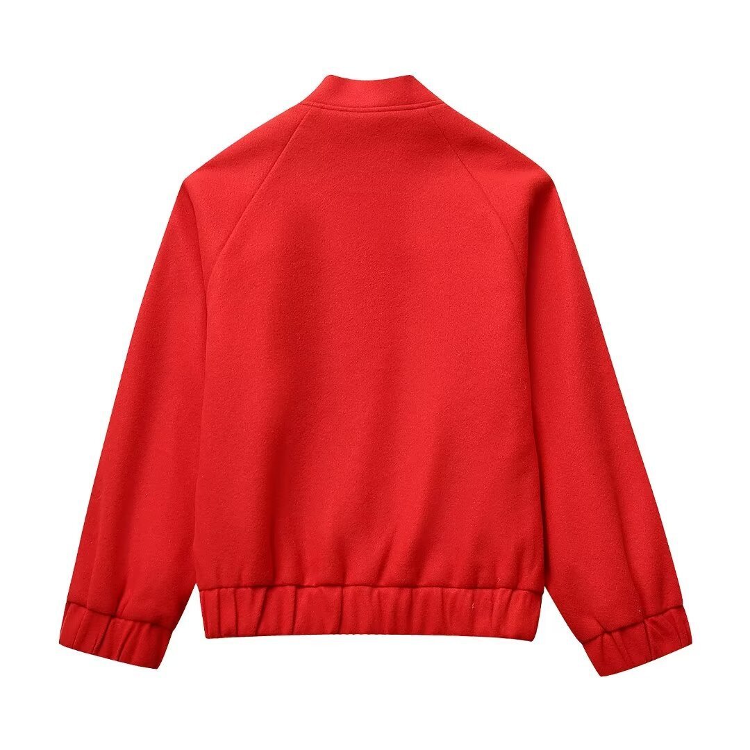 Fashionable Casual Red Woolen Baseball Jacket with Stand-up Collar