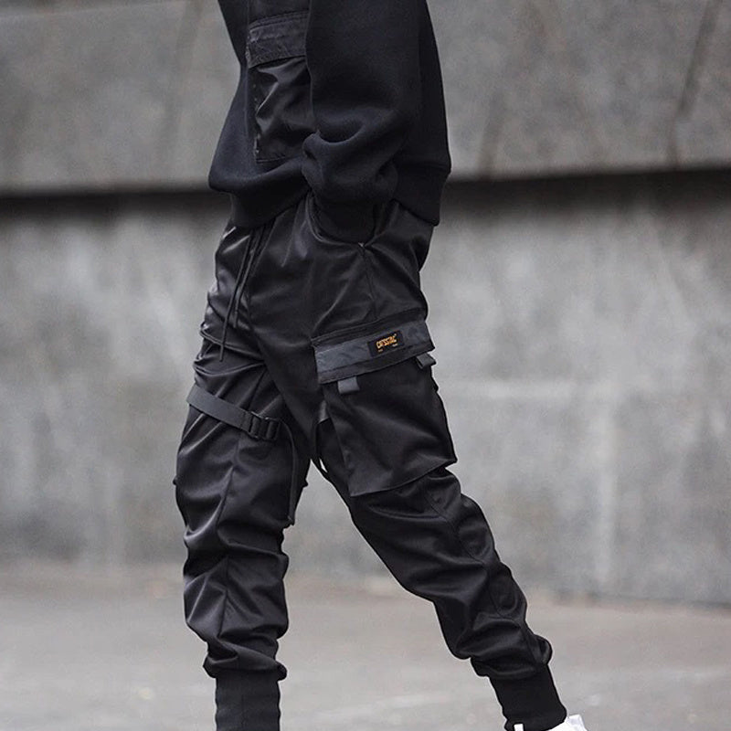 Men's Black Hip Hop Cargo Joggers with Elastic Waist and Pockets